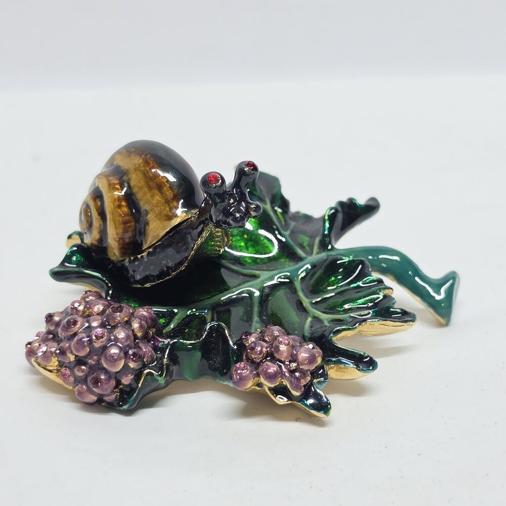 Cristiani Collezione Jewelry Dish Trinket Box Snail On Grape Leaf Metal Enamel